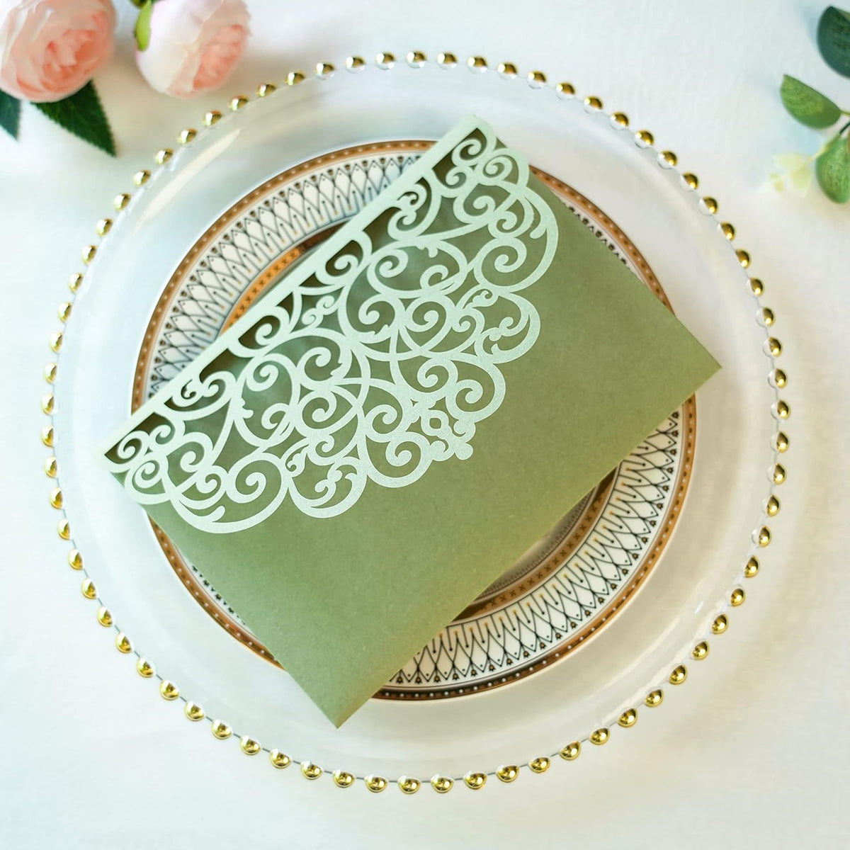 PONATIA 20 Pcs Sage Green Tri-Fold  Laser Cut Wedding Invitation Pockets with Envelopes for Wedding