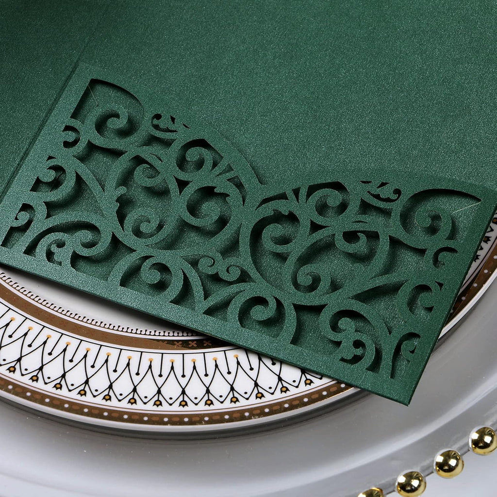 PONATIA 20 Pcs Emerald Green Tri-Fold  Laser Cut Wedding Invitation Pockets with Envelopes for Wedding