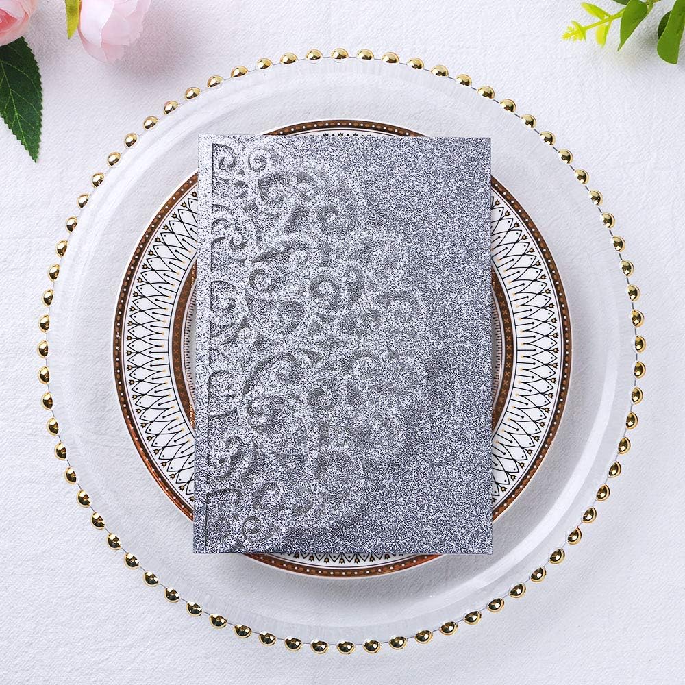 PONATIA 20 Pcs Silver Glitter Tri-Fold  Laser Cut Wedding Invitation Pockets with Envelopes for Wedding
