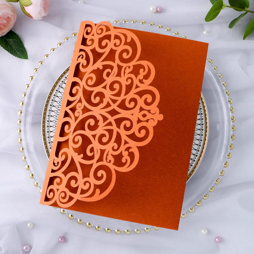 PONATIA 20 Pcs Burnt Orange Tri-Fold  Laser Cut Wedding Invitation Pockets with Envelopes for Wedding