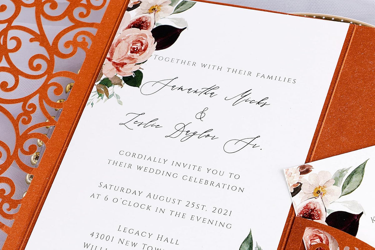 PONATIA 20 Pcs Burnt Orange Tri-Fold  Laser Cut Wedding Invitation Pockets with Envelopes for Wedding