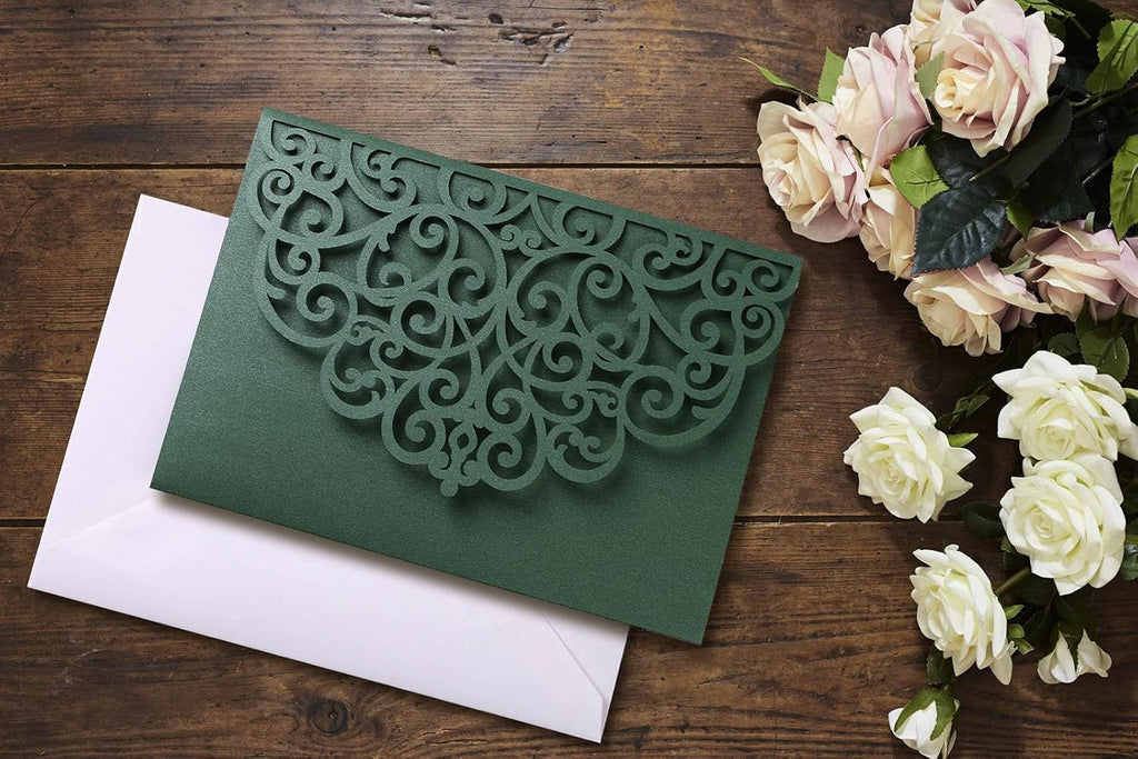 PONATIA 20 Pcs Emerald Green Tri-Fold  Laser Cut Wedding Invitation Pockets with Envelopes for Wedding