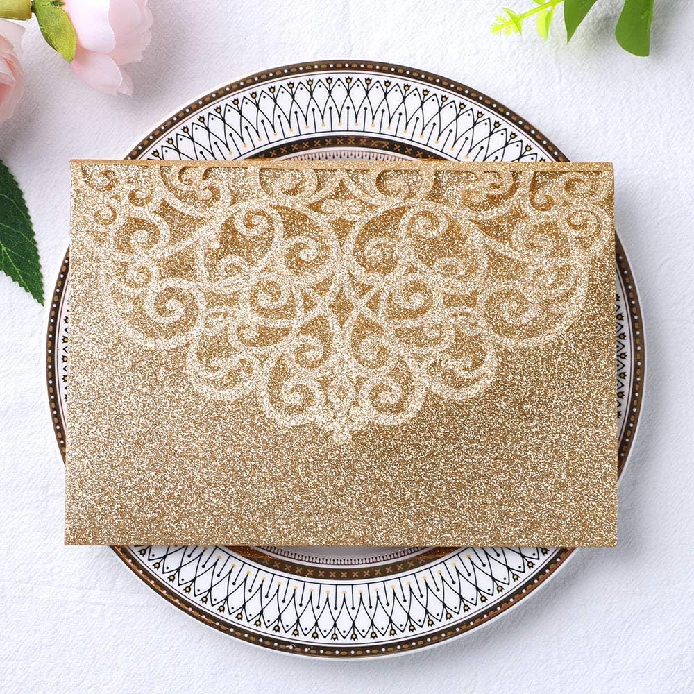 PONATIA 20 Pcs Gold Tri-Fold  Laser Cut Wedding Invitation Pockets with Envelopes for Wedding