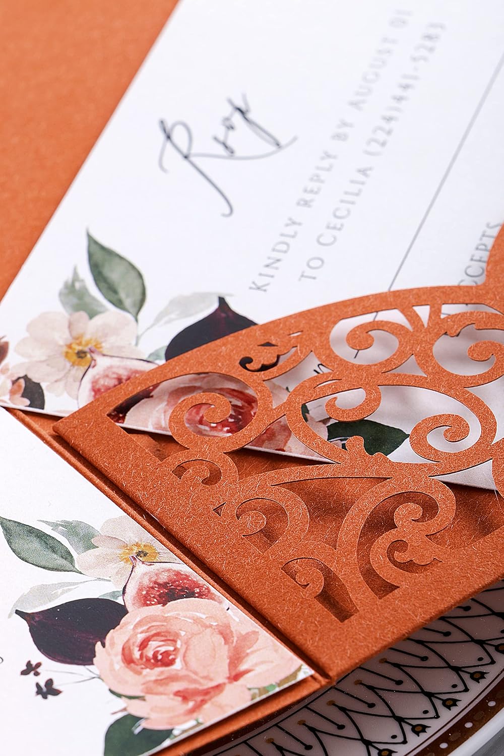 PONATIA 20 Pcs Burnt Orange Tri-Fold  Laser Cut Wedding Invitation Pockets with Envelopes for Wedding
