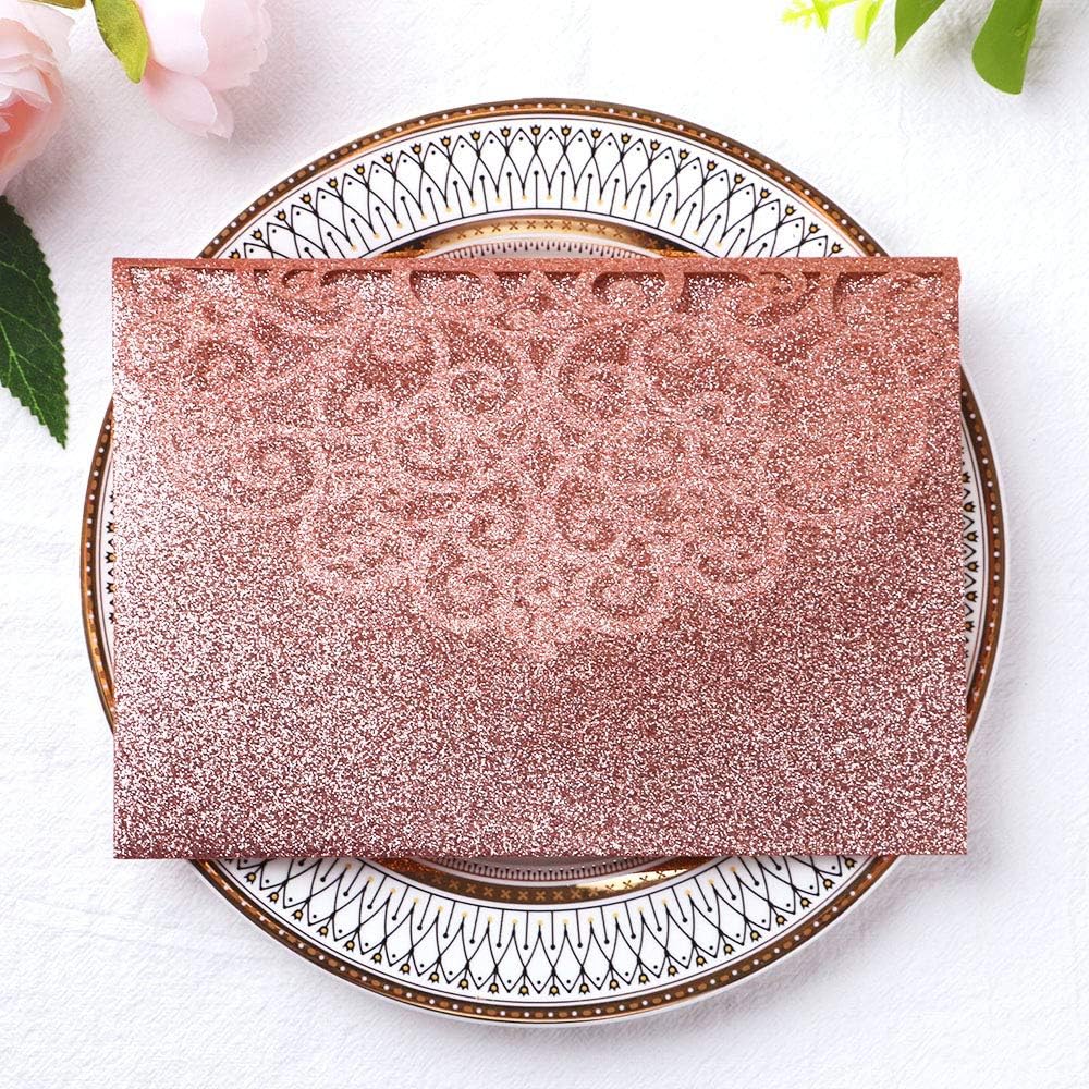PONATIA 20 Pcs Rose Gold Glitter Tri-Fold  Laser Cut Wedding Invitation Pockets with Envelopes for Wedding