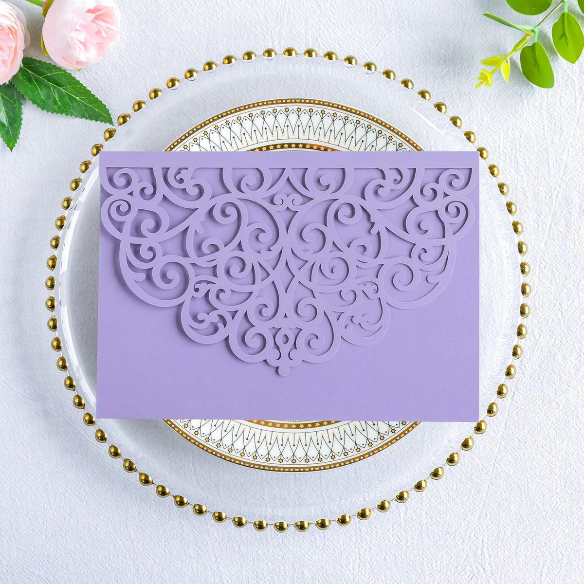 PONATIA 20 Pcs Lilac Tri-Fold  Laser Cut Wedding Invitation Pockets with Envelopes for Wedding