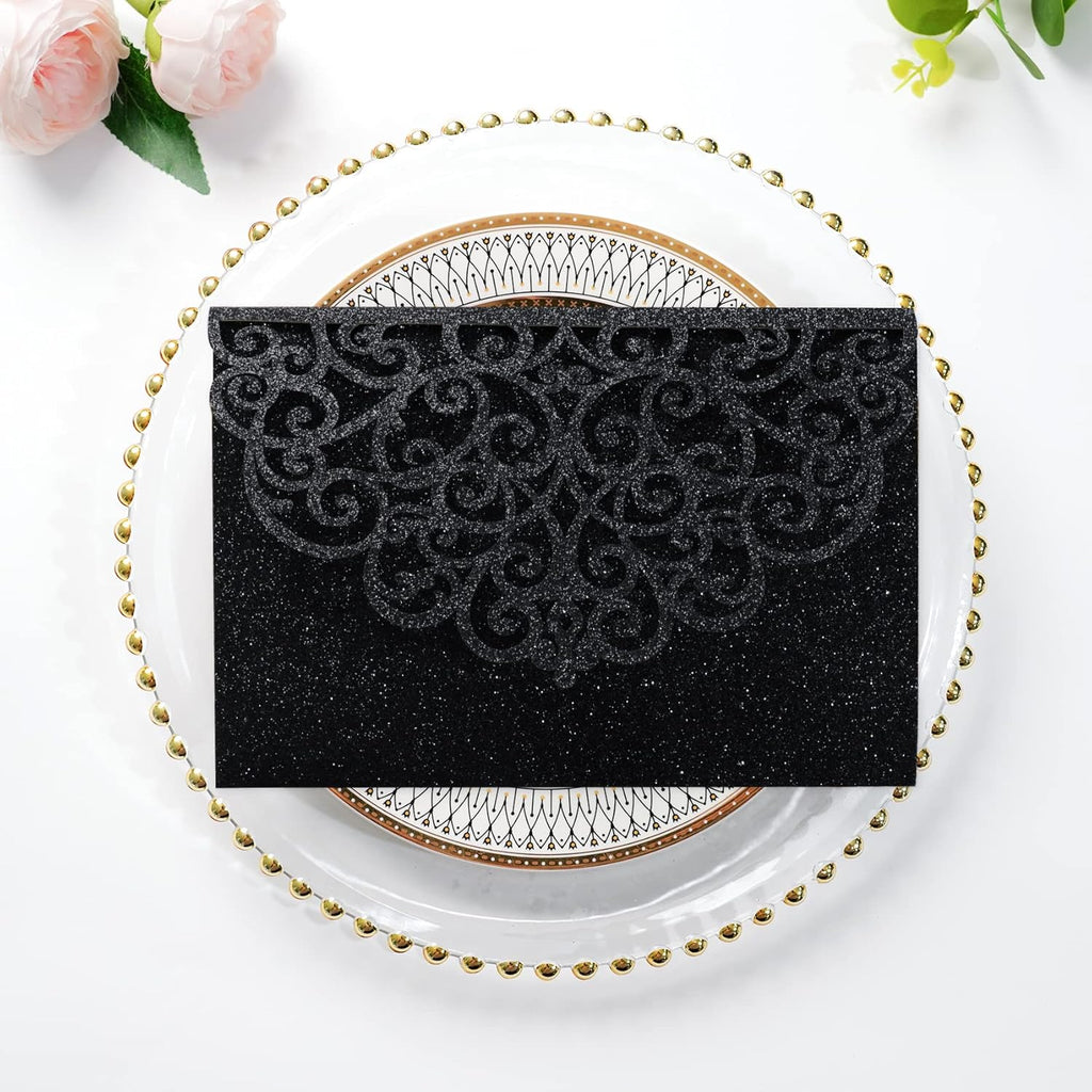 PONATIA 20 Pcs Black Tri-Fold  Laser Cut Wedding Invitation Pockets with Envelopes for Wedding