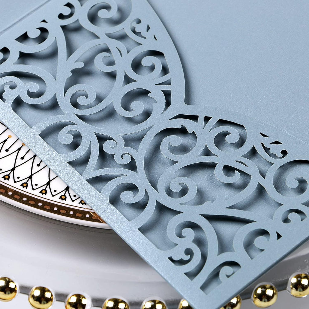 PONATIA 20 Pcs Dusty Blue Tri-Fold  Laser Cut Wedding Invitation Pockets with Envelopes for Wedding