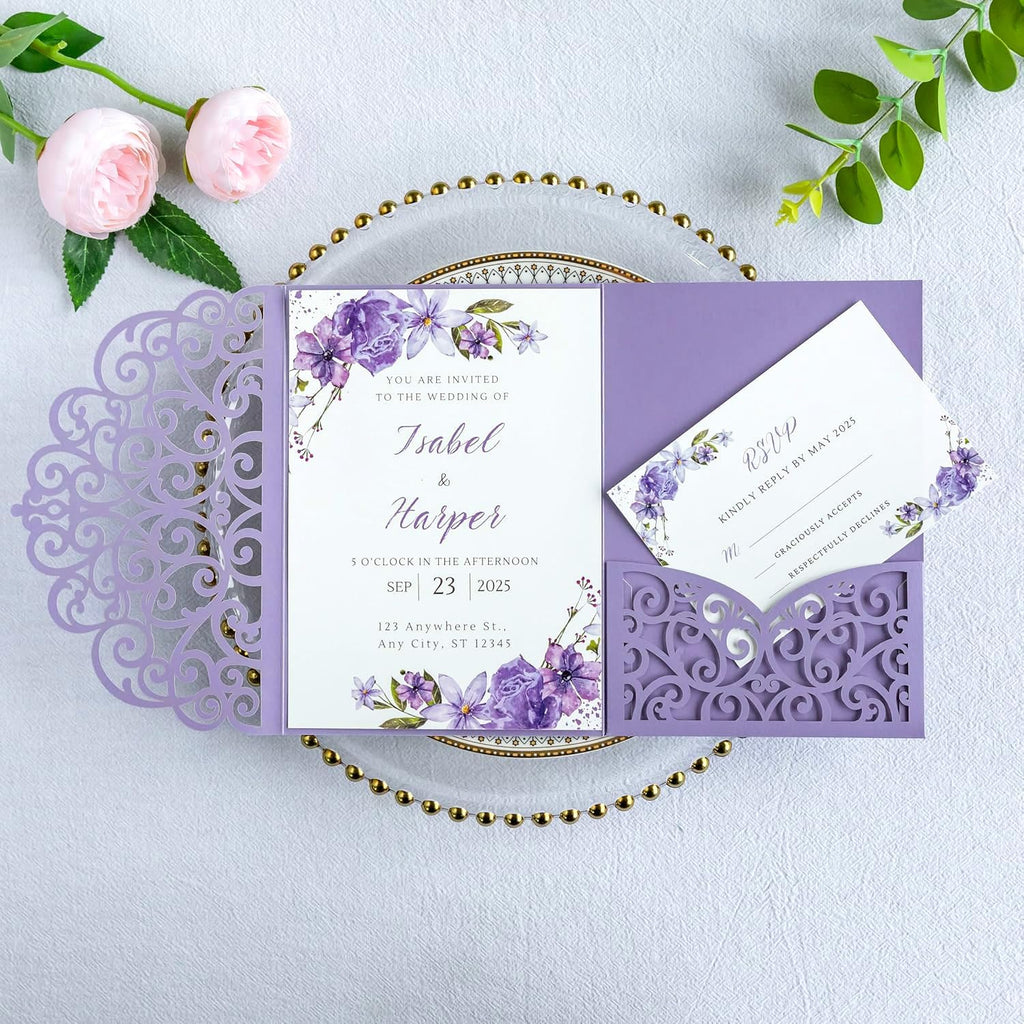 PONATIA 20 Pcs Lilac Tri-Fold  Laser Cut Wedding Invitation Pockets with Envelopes for Wedding