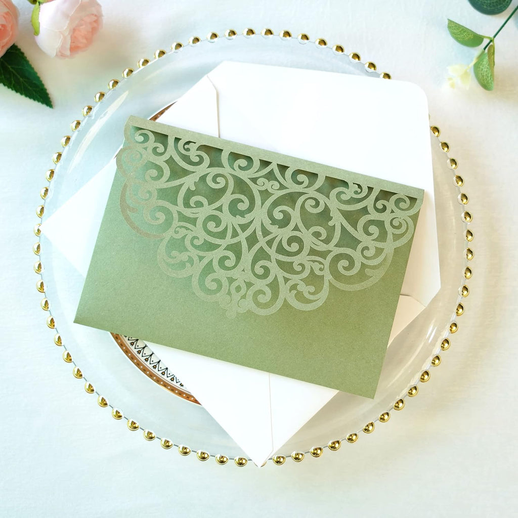 PONATIA 20 Pcs Sage Green Tri-Fold  Laser Cut Wedding Invitation Pockets with Envelopes for Wedding