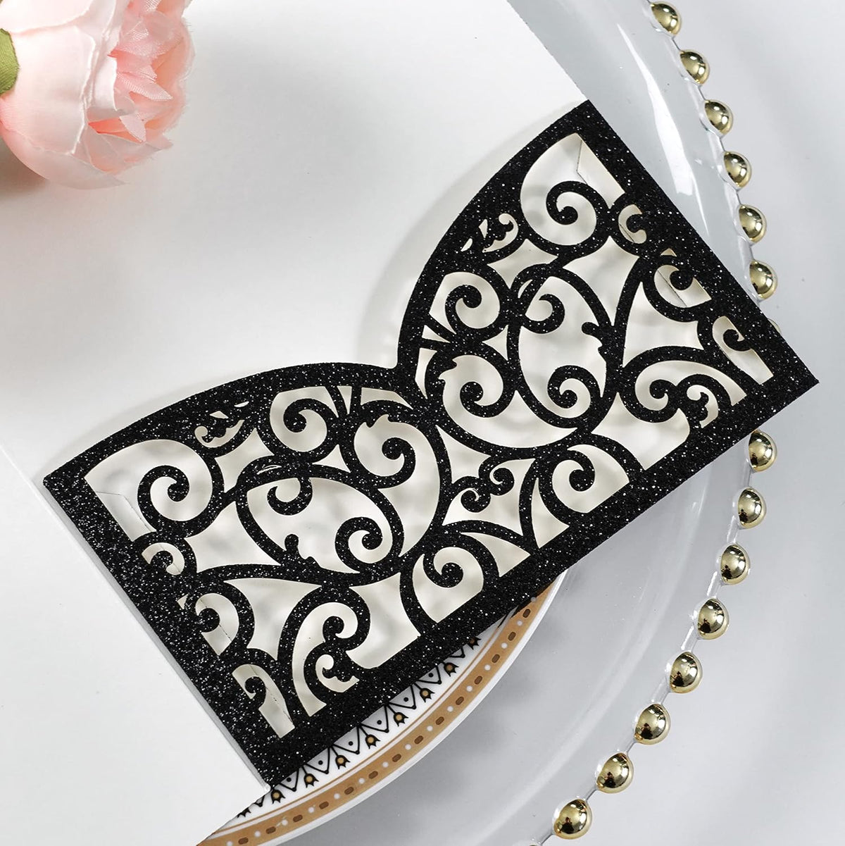 PONATIA 20 Pcs Black Tri-Fold  Laser Cut Wedding Invitation Pockets with Envelopes for Wedding