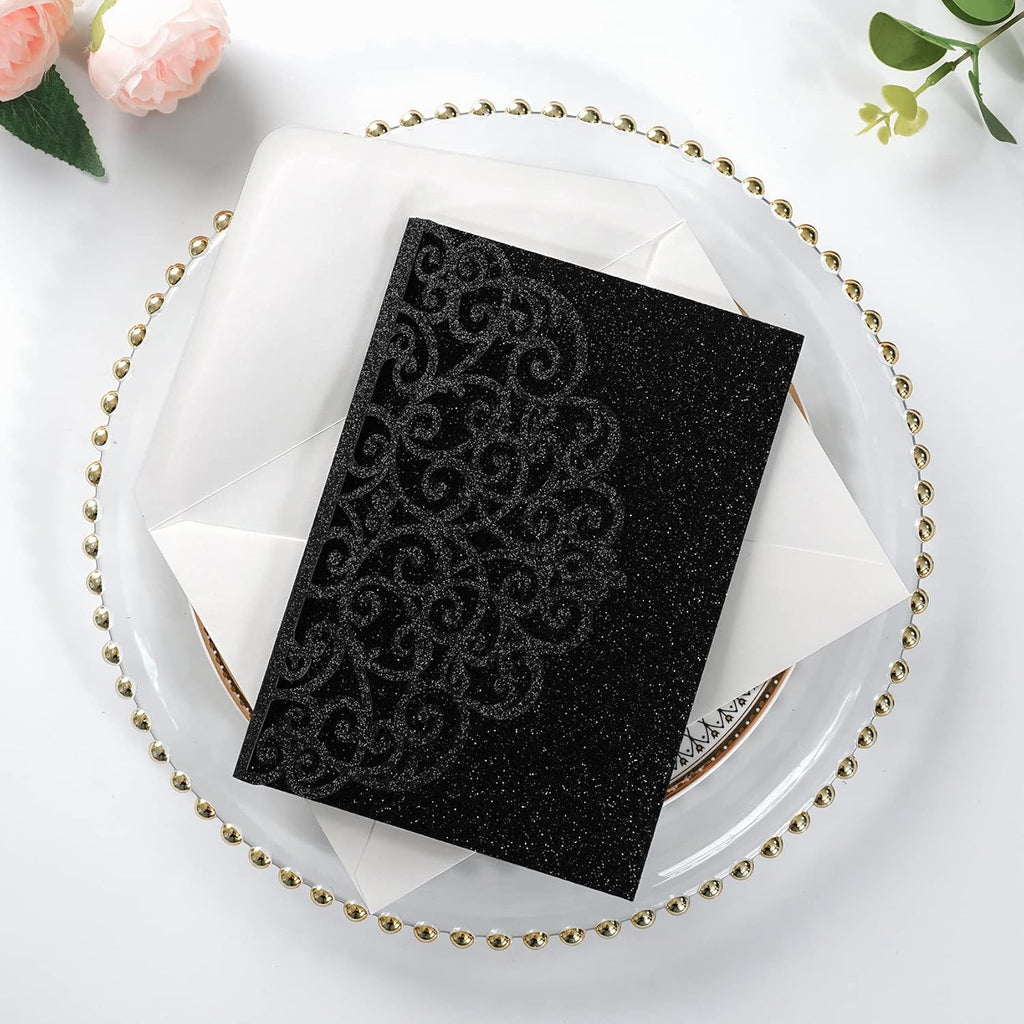 PONATIA 20 Pcs Black Tri-Fold  Laser Cut Wedding Invitation Pockets with Envelopes for Wedding