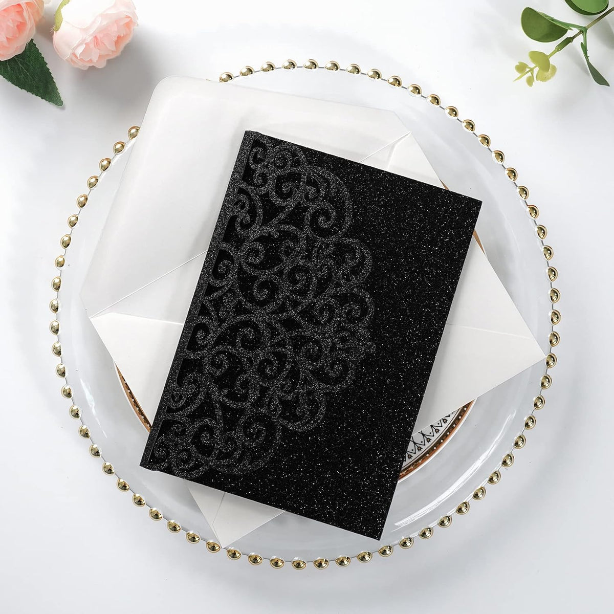 PONATIA 20 Pcs Black Tri-Fold  Laser Cut Wedding Invitation Pockets with Envelopes for Wedding