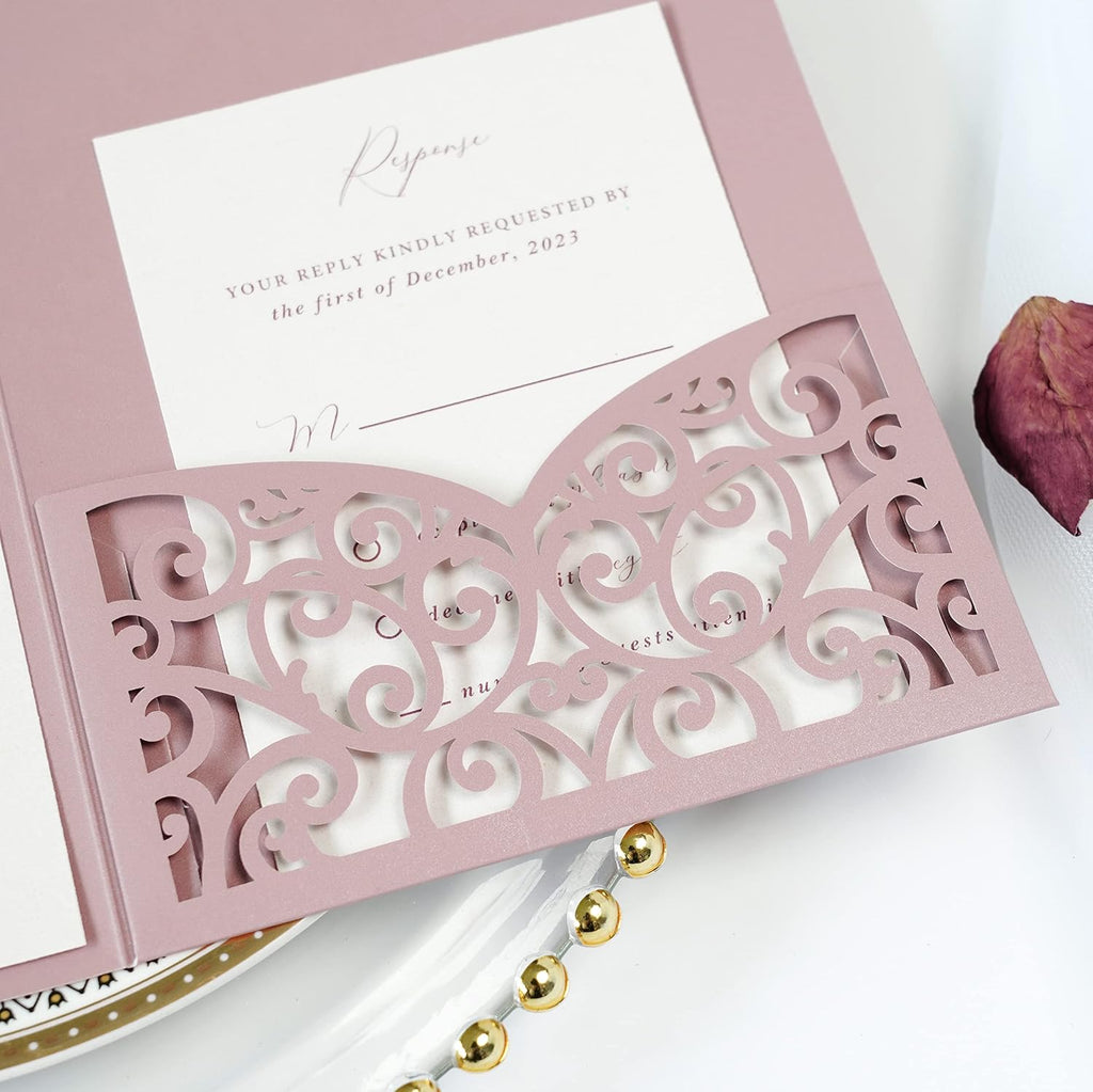 PONATIA 20 Pcs Dusty Rose Tri-Fold  Laser Cut Wedding Invitation Pockets with Envelopes for Wedding