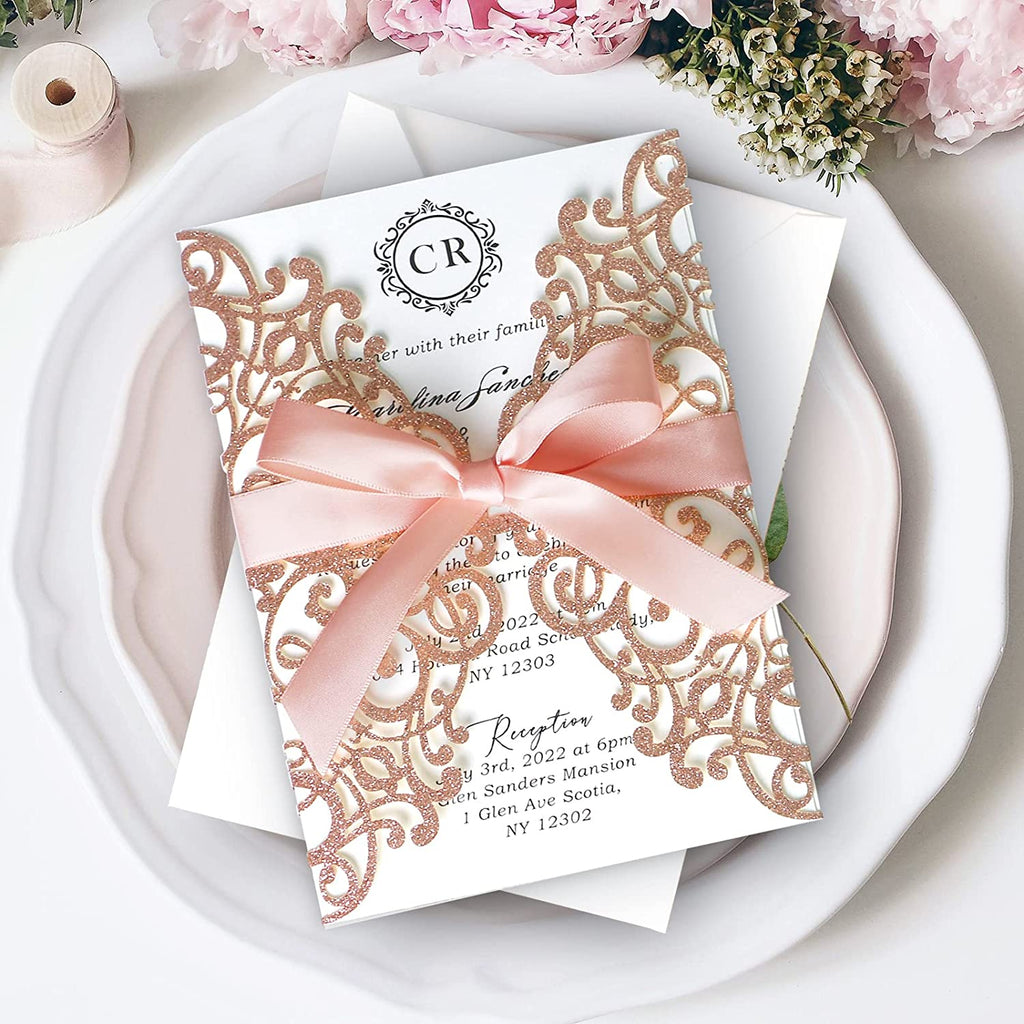 PONATIA Rose Glitter Laser Cut Wedding Invitations Cards with Blush Pink Bow-knot