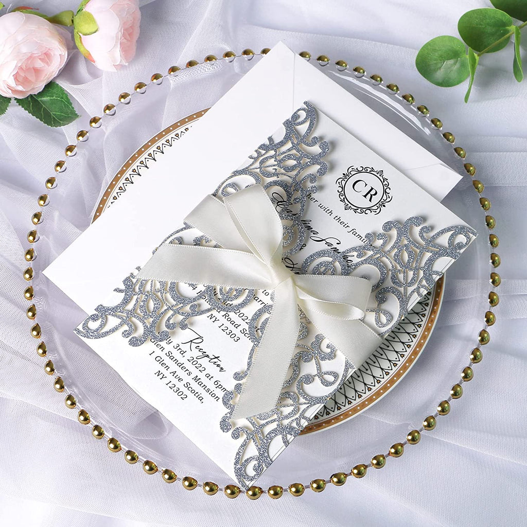 PONATIA Sliver Glitter Laser Cut Wedding Invitations Cards with Ivory Bow-knot