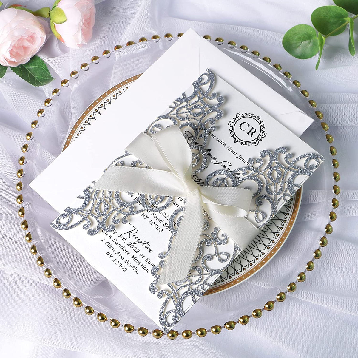 PONATIA Sliver Glitter Laser Cut Wedding Invitations Cards with Ivory Bow-knot