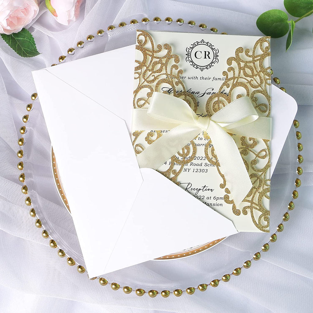 PONATIA Gold Glitter Laser Cut Wedding Invitations Cards with Ivory Bow-knot