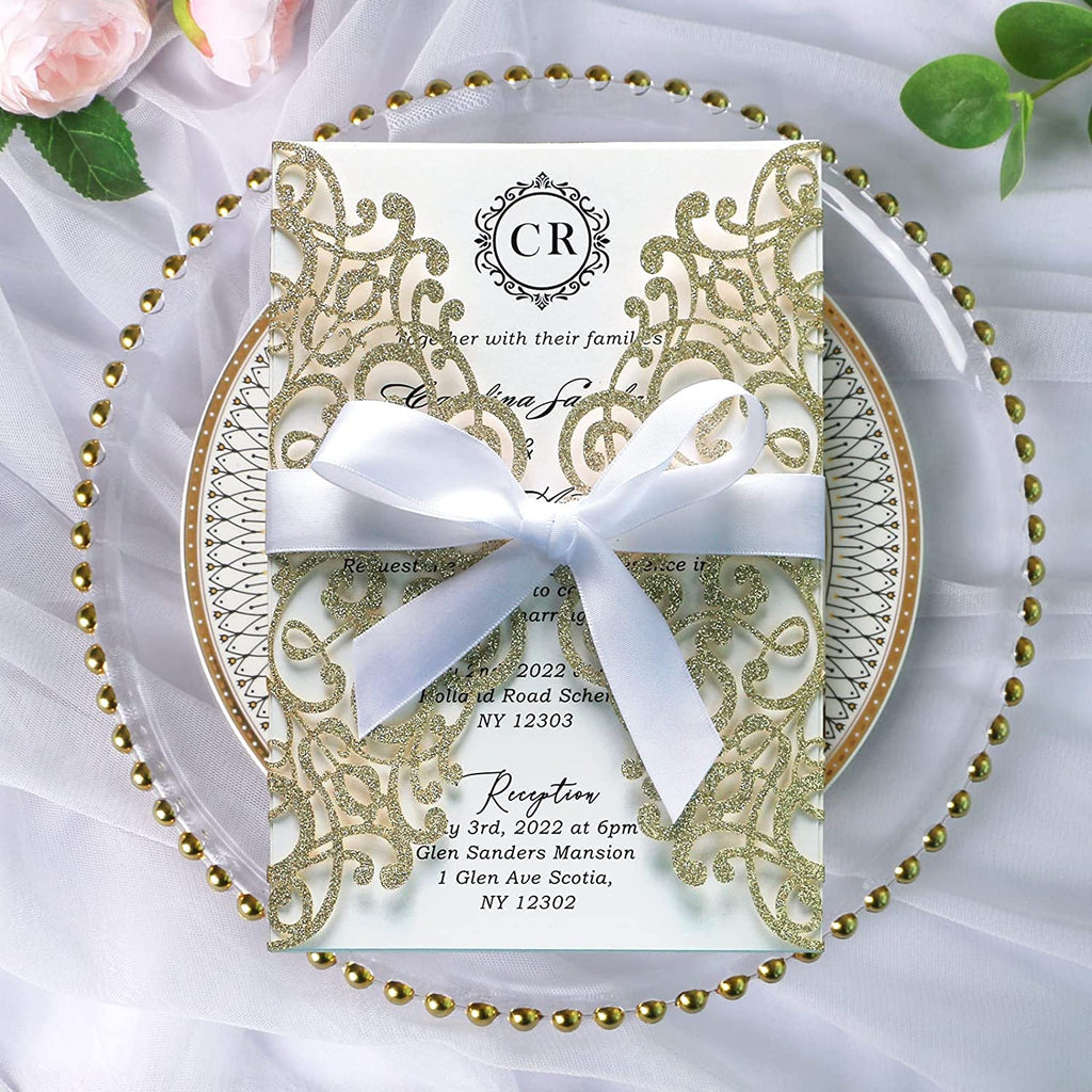 PONATIA Champagne Gold Glitter Laser Cut Wedding Invitations Cards with White Bow-knot