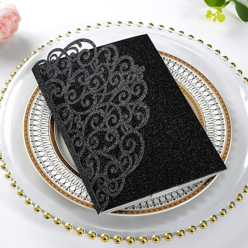 PONATIA 20 Pcs Black Tri-Fold  Laser Cut Wedding Invitation Pockets with Envelopes for Wedding