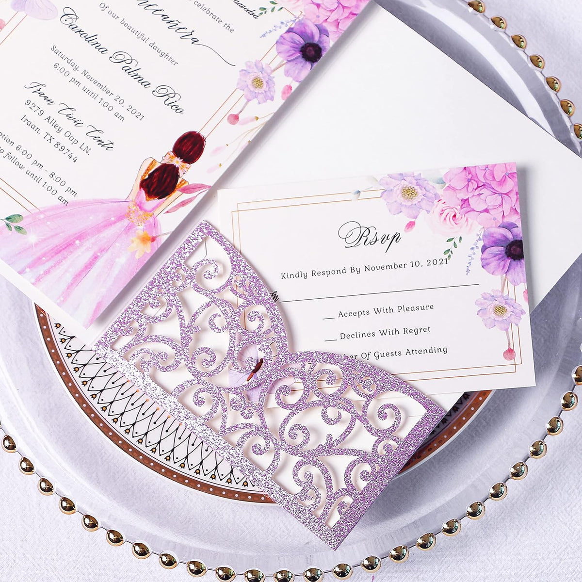 PONATIA 20 Pcs Purple Glitter Tri-Fold  Laser Cut Wedding Invitation Pockets with Envelopes for Wedding