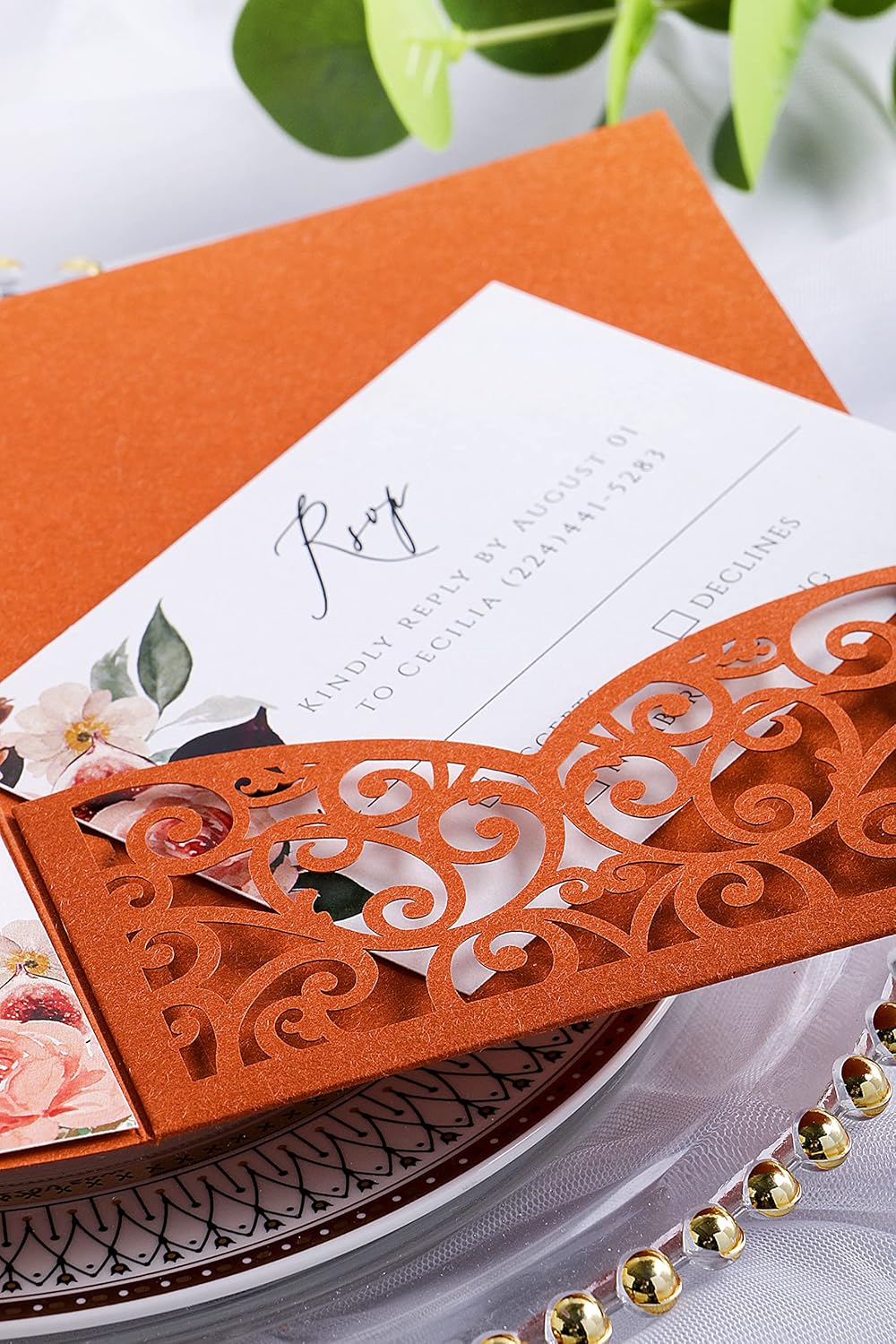 PONATIA 20 Pcs Burnt Orange Tri-Fold  Laser Cut Wedding Invitation Pockets with Envelopes for Wedding