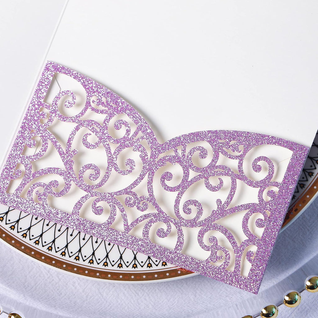 PONATIA 20 Pcs Purple Glitter Tri-Fold  Laser Cut Wedding Invitation Pockets with Envelopes for Wedding