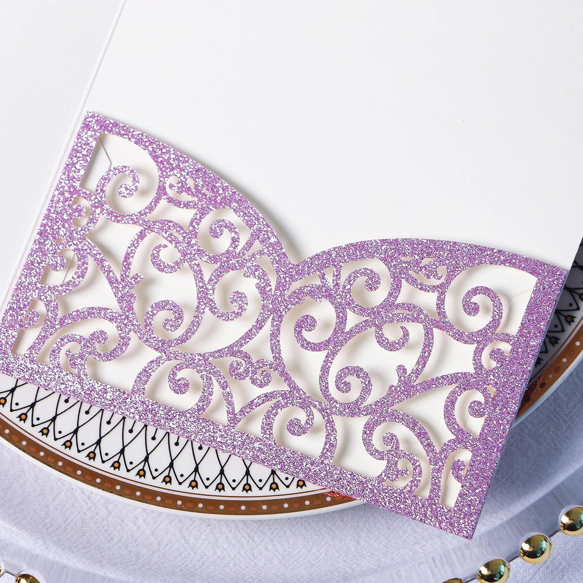 PONATIA 20 Pcs Purple Glitter Tri-Fold  Laser Cut Wedding Invitation Pockets with Envelopes for Wedding