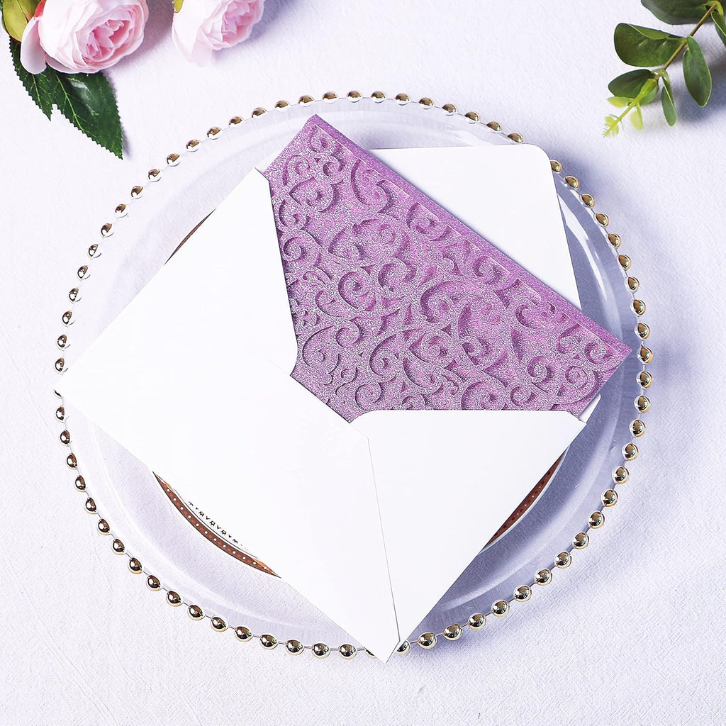 PONATIA 20 Pcs Purple Glitter Tri-Fold  Laser Cut Wedding Invitation Pockets with Envelopes for Wedding