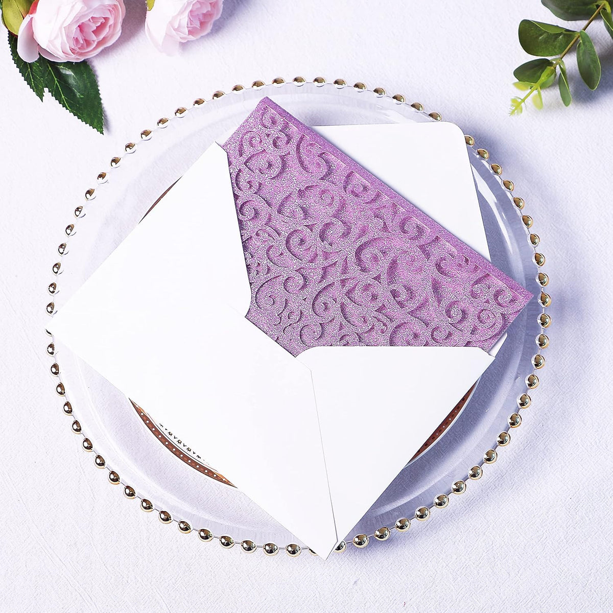 PONATIA 20 Pcs Purple Glitter Tri-Fold  Laser Cut Wedding Invitation Pockets with Envelopes for Wedding