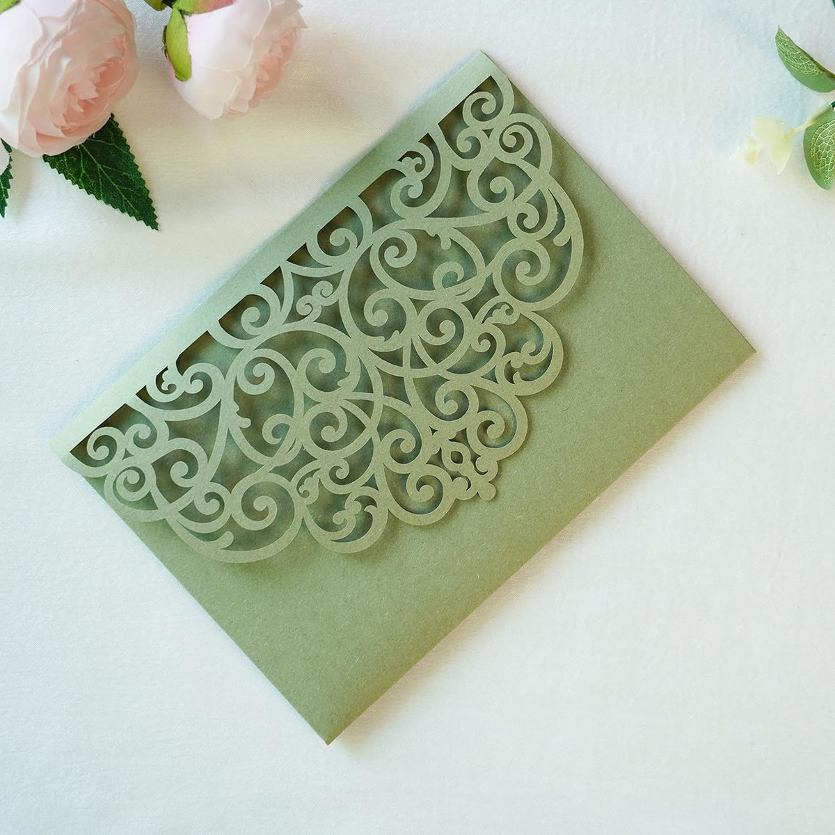 PONATIA 20 Pcs Sage Green Tri-Fold  Laser Cut Wedding Invitation Pockets with Envelopes for Wedding