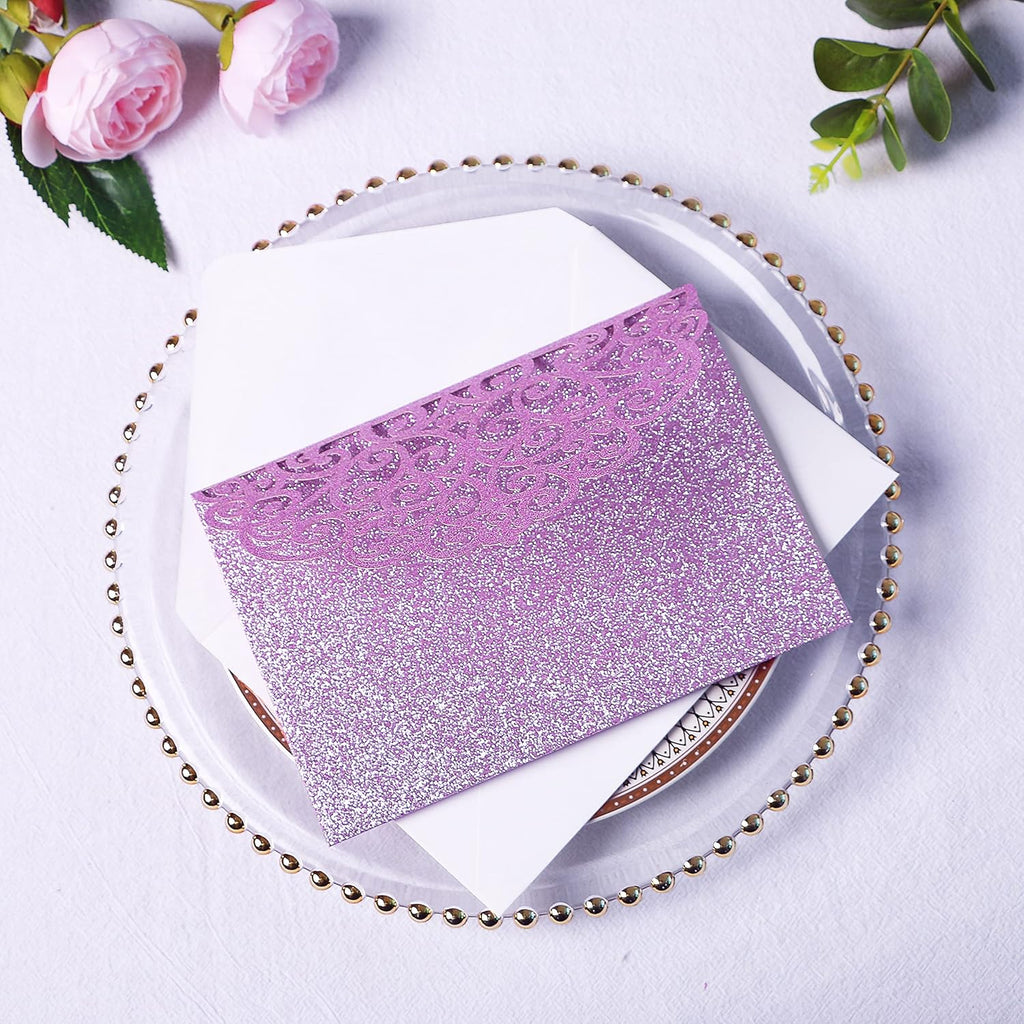 PONATIA 20 Pcs Purple Glitter Tri-Fold  Laser Cut Wedding Invitation Pockets with Envelopes for Wedding
