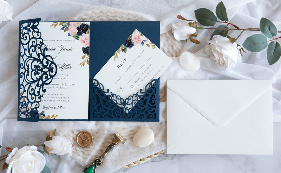 PONATIA  20PCS Navy Blue Laser Cut Wedding Invitations Pockets