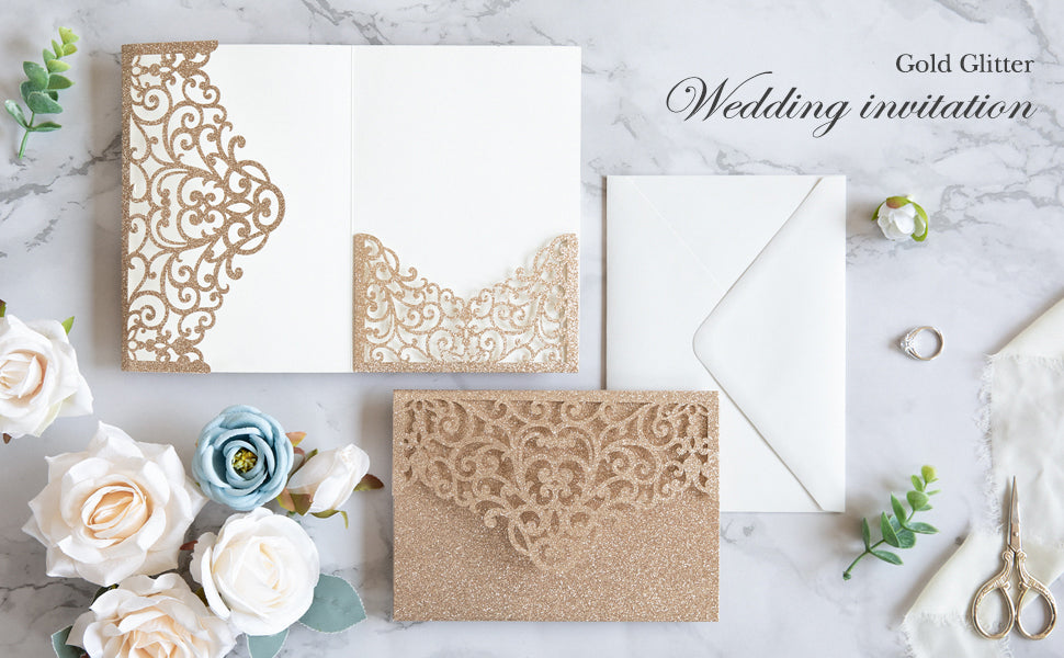 PONATIA  20PCS Gold Glitter Laser Cut Wedding Invitations Pockets