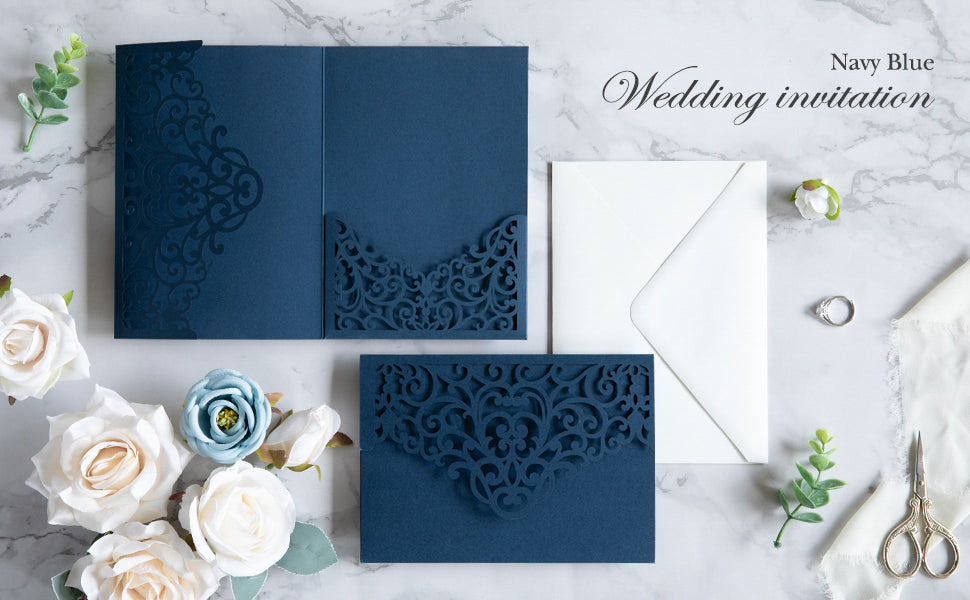 PONATIA  20PCS Navy Blue Laser Cut Wedding Invitations Pockets