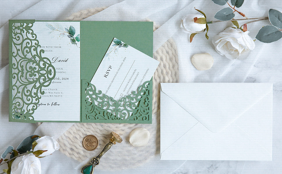 PONATIA  20PCS Sage Green Laser Cut Wedding Invitations Pockets