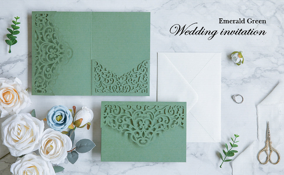 PONATIA  20PCS Sage Green Laser Cut Wedding Invitations Pockets