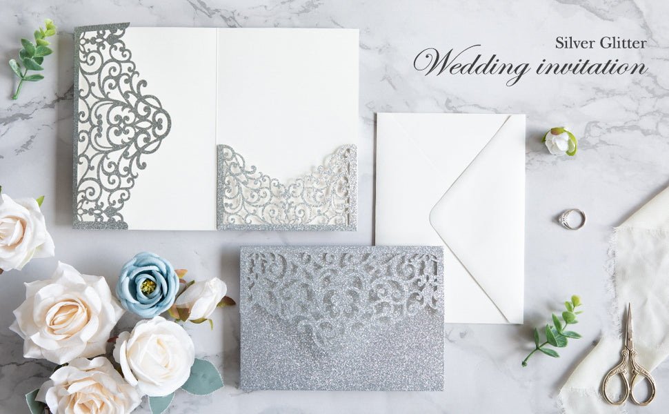 PONATIA  20PCS Silver Laser Cut Wedding Invitations Pockets