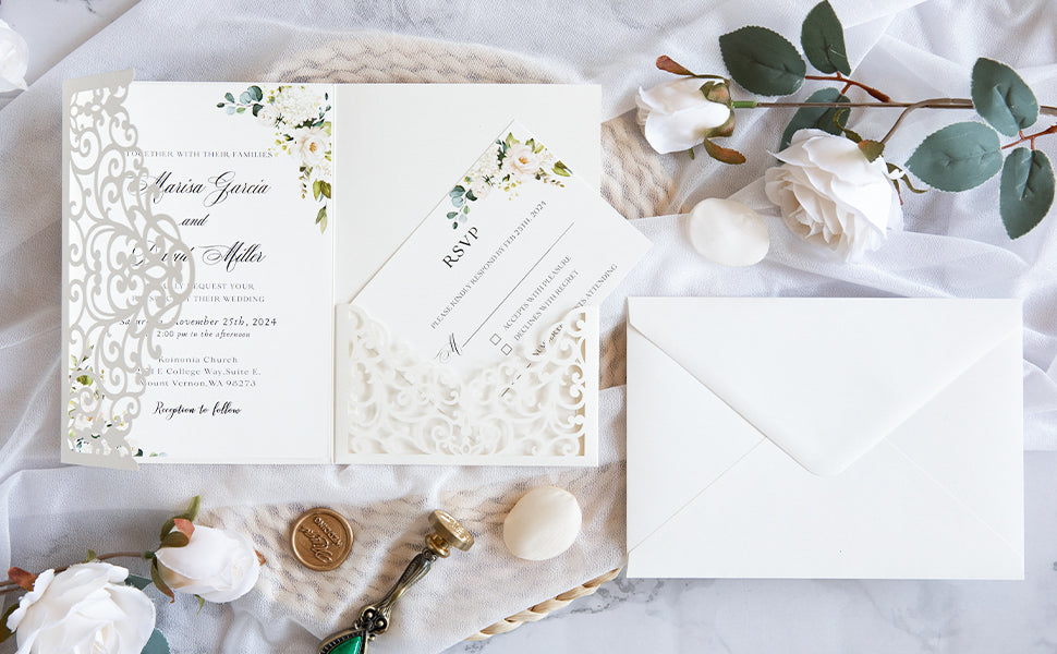 PONATIA  20PCS Ivory Laser Cut Wedding Invitations Pockets