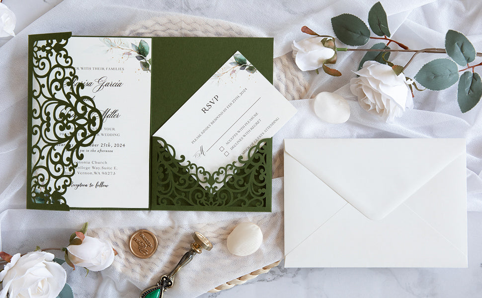 PONATIA  20PCS Olive Green Laser Cut Wedding Invitations Pockets