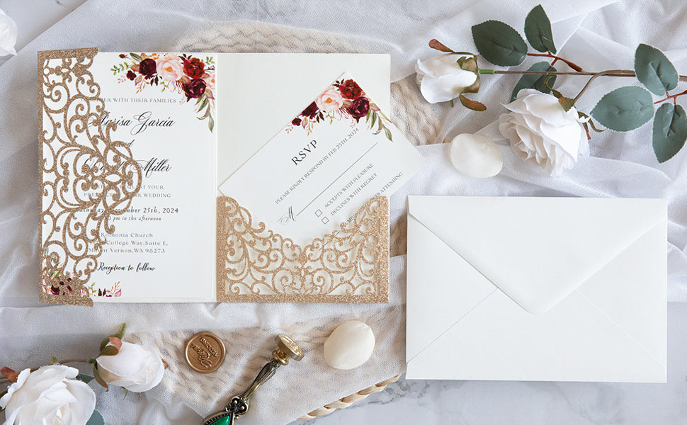 PONATIA  20PCS Gold Glitter Laser Cut Wedding Invitations Pockets