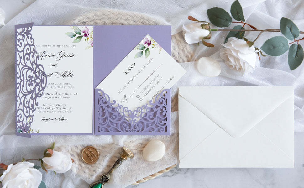PONATIA  20PCS Lilac Laser Cut Wedding Invitations Pockets