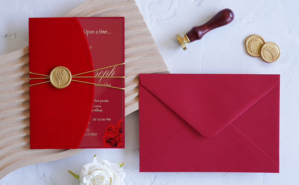 PONATIA 1mm/0.04" Clear Acrylic Wedding Invitation With Red Velvet Wrap Pocket, Wax Seal and Gold Thread