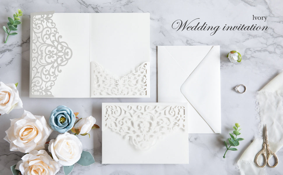 PONATIA  20PCS Ivory Laser Cut Wedding Invitations Pockets
