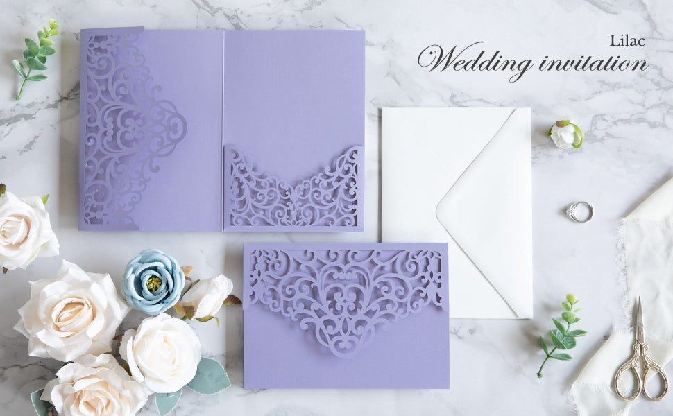 PONATIA  20PCS Lilac Laser Cut Wedding Invitations Pockets