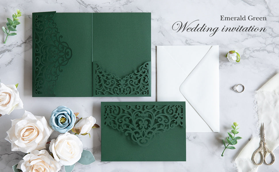 PONATIA  20PCS Emerald Green Laser Cut Wedding Invitations Pockets
