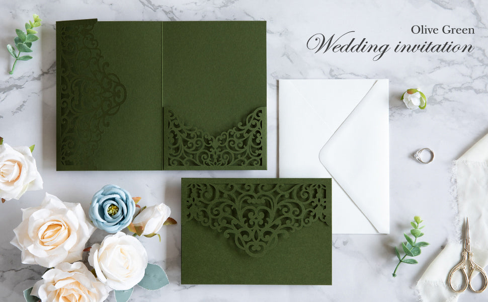 PONATIA  20PCS Olive Green Laser Cut Wedding Invitations Pockets