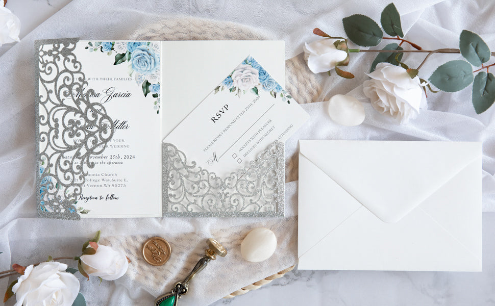 PONATIA  20PCS Silver Laser Cut Wedding Invitations Pockets