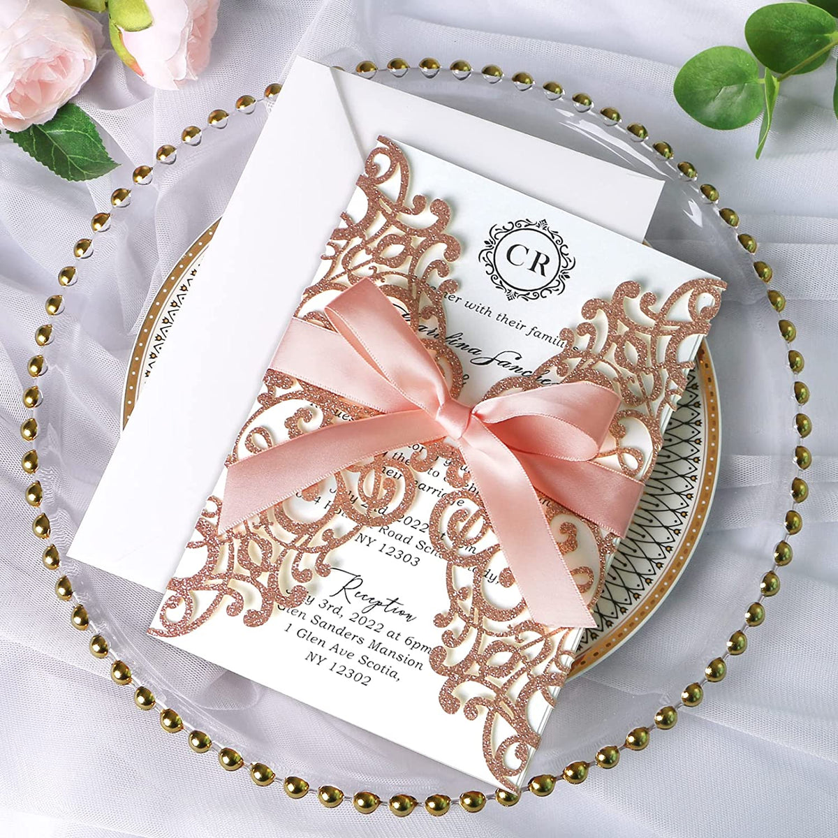PONATIA Rose Glitter Laser Cut Wedding Invitations Cards with Blush Pink Bow-knot