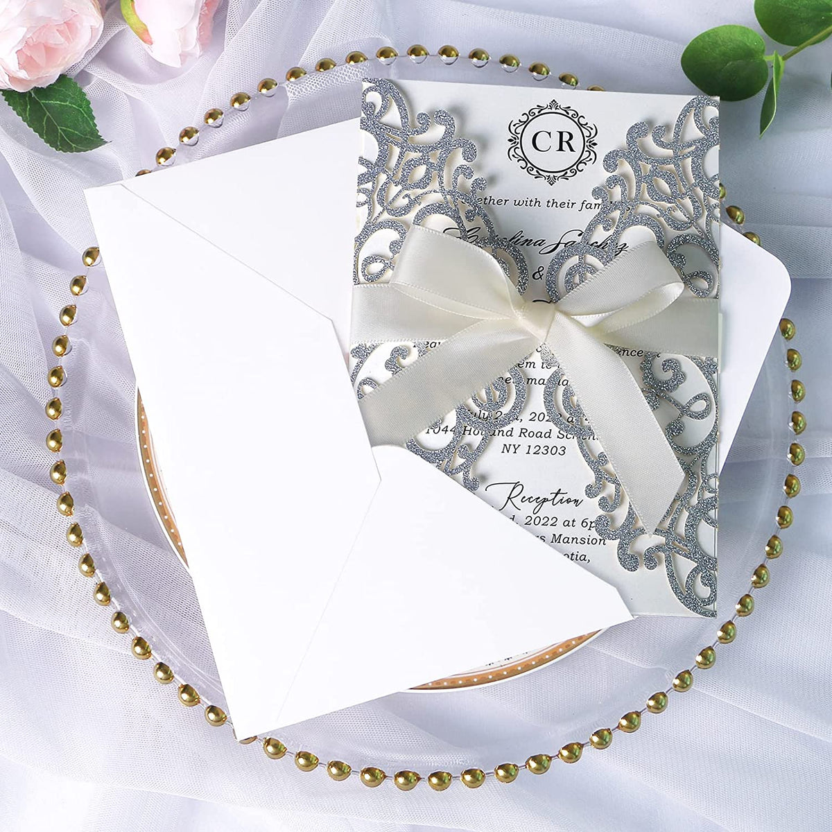 PONATIA Sliver Glitter Laser Cut Wedding Invitations Cards with Ivory Bow-knot